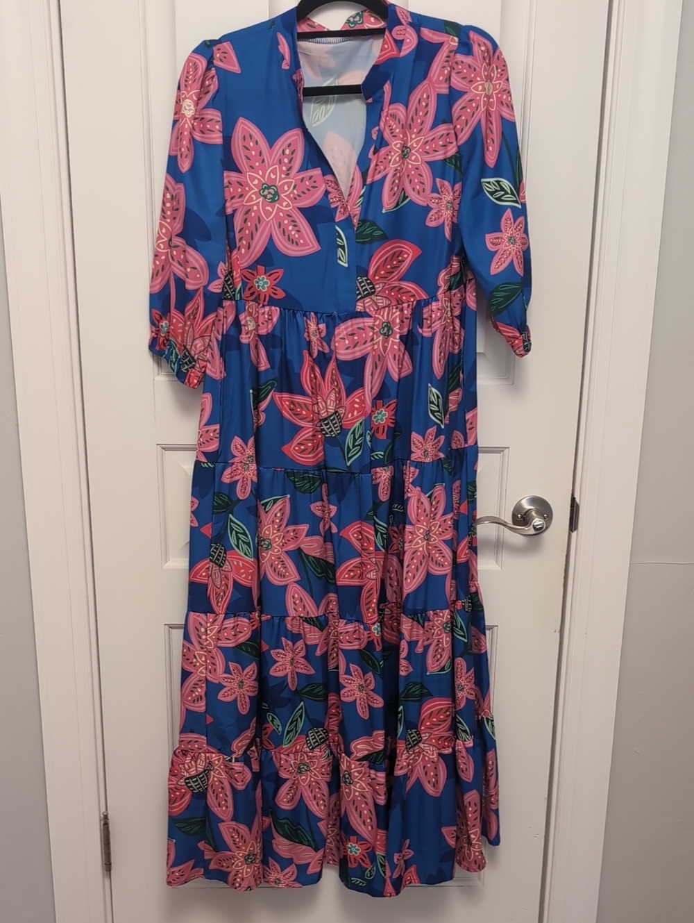Blue Floral Midi Dress with Pink Blossom Print